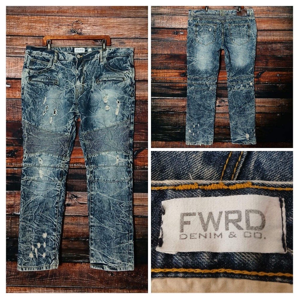 FWRD Denim Jeans Mens 44X31 Relaxed Straight Distressed Marbled Wash 100% Cotton